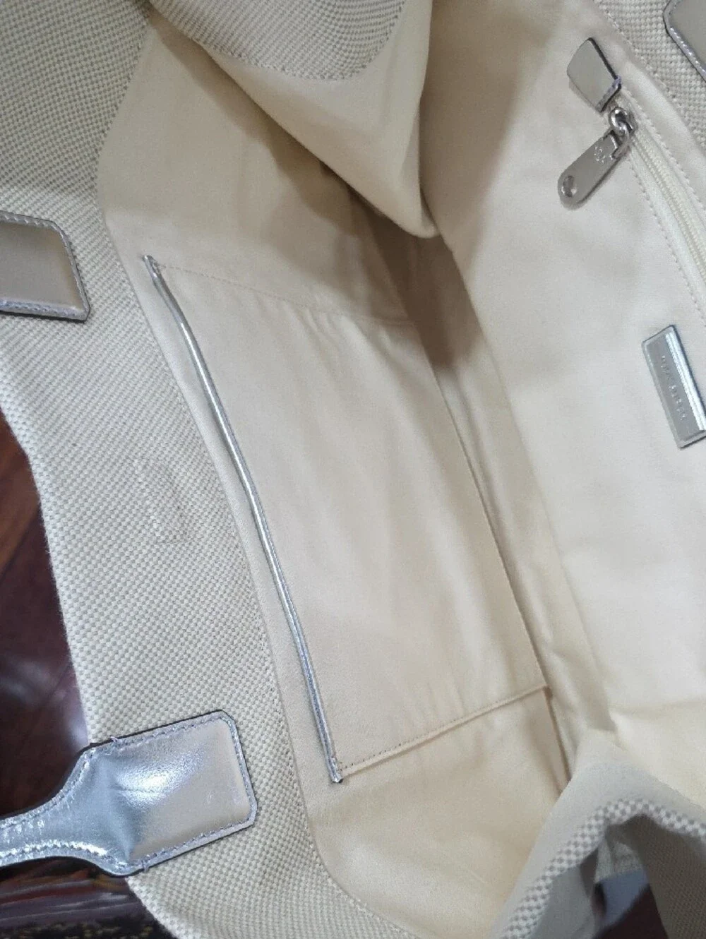 Tory Burch Cream Canvas Tote with Silver Logo and Trim